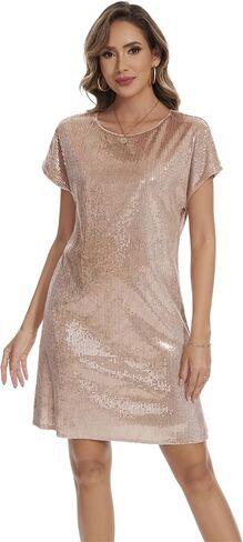 Women's Crewneck Sequin Shift Dress Short Sleeve Casual Holiday Sparkly Party Dress in Saudi Arabia