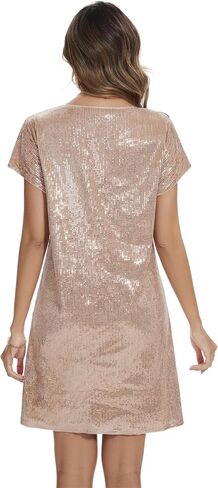 Women's Crewneck Sequin Shift Dress Short Sleeve Casual Holiday Sparkly Party Dress in Saudi Arabia