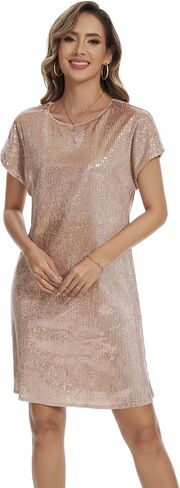 Women's Crewneck Sequin Shift Dress Short Sleeve Casual Holiday Sparkly Party Dress in Saudi Arabia