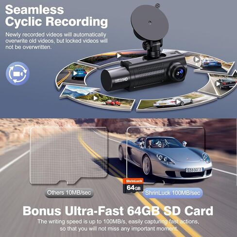 ShrinLuck 2.5K Dash Cam أمامية وخلفية، بطاقة SD 64G، كاميرا داش مزدوجة 1600P+1080P FHD للسيارات، شاشة IPS 3.2 بوصة، كاميرا داش كام بزاوية عريضة 176 درجة + 160 درجة، مستشعر G، رؤية ليلية، WDR، شاشة وقوف السيارات، تسجيل حلقة in Kuwait