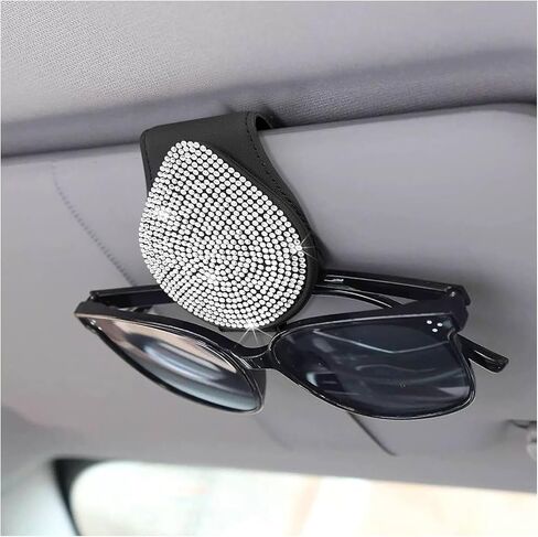 Augeny Bling Sunglass Holder for Car Sun Visor, Leather Auto Visor Eyeglasses Clip Mount with Rhinestones, Bling Glasses Holder for Women Girls, Universal Car Interior Accessories (Beige & White) in Kuwait