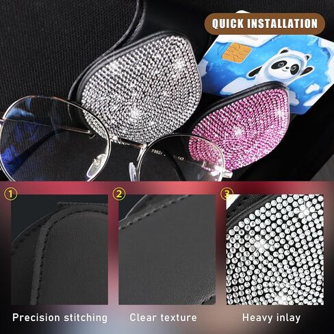 Augeny Bling Sunglass Holder for Car Sun Visor, Leather Auto Visor Eyeglasses Clip Mount with Rhinestones, Bling Glasses Holder for Women Girls, Universal Car Interior Accessories (Beige & White) in Kuwait