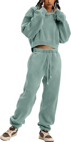 PEHMEA ملابس نسائية مكونة من قطعتين بلوفر بأكمام طويلة وسراويل ركض بدلة رياضية (BeanGreen-M) in Kuwait