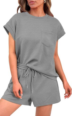 PRETTYGARDEN Women's Summer 2 Piece Outfits Casual Tracksuit Short Sleeve Shirts And Drawstring Shorts Matching Lounge Sets in Saudi Arabia
