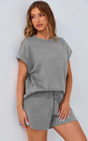 PRETTYGARDEN Women's Summer 2 Piece Outfits Casual Tracksuit Short Sleeve Shirts And Drawstring Shorts Matching Lounge Sets in Saudi Arabia