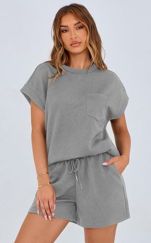 PRETTYGARDEN Women's Summer 2 Piece Outfits Casual Tracksuit Short Sleeve Shirts And Drawstring Shorts Matching Lounge Sets in Saudi Arabia