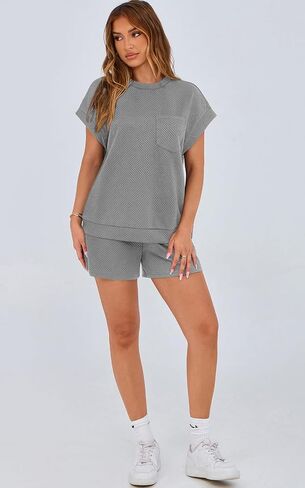 PRETTYGARDEN Women's Summer 2 Piece Outfits Casual Tracksuit Short Sleeve Shirts And Drawstring Shorts Matching Lounge Sets in Saudi Arabia