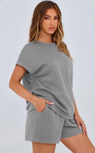 PRETTYGARDEN Women's Summer 2 Piece Outfits Casual Tracksuit Short Sleeve Shirts And Drawstring Shorts Matching Lounge Sets in Saudi Arabia