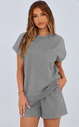PRETTYGARDEN Women's Summer 2 Piece Outfits Casual Tracksuit Short Sleeve Shirts And Drawstring Shorts Matching Lounge Sets in Saudi Arabia