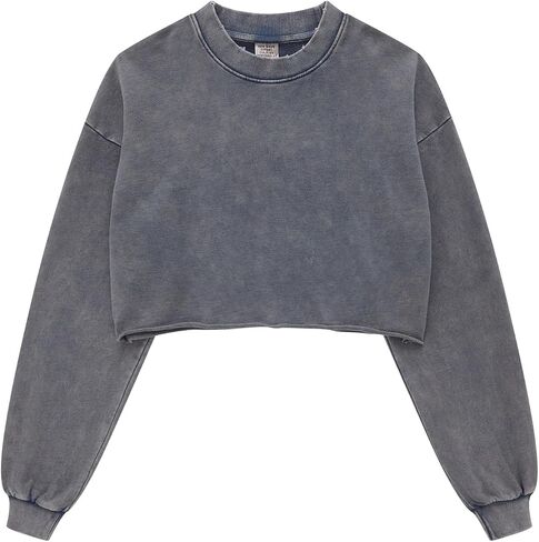 BINTEHGS Acid Wash Cropped Sweatshirts for Women Vintage Crewneck Sweatshirt Long Sleeve Crop Top Workout Hoodies Pullover in Kuwait