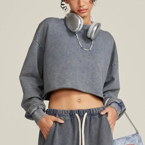 BINTEHGS Acid Wash Cropped Sweatshirts for Women Vintage Crewneck Sweatshirt Long Sleeve Crop Top Workout Hoodies Pullover in Kuwait