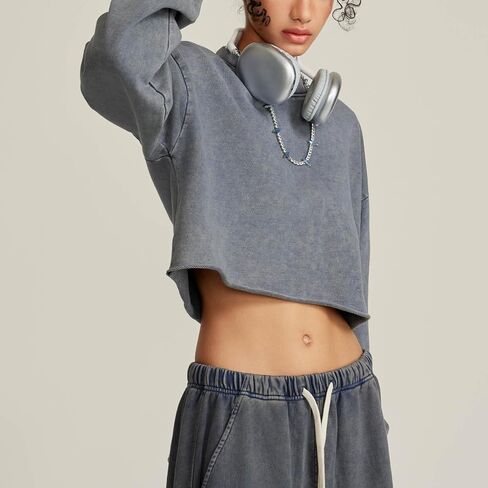 BINTEHGS Acid Wash Cropped Sweatshirts for Women Vintage Crewneck Sweatshirt Long Sleeve Crop Top Workout Hoodies Pullover in Kuwait