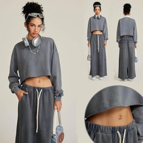 BINTEHGS Acid Wash Cropped Sweatshirts for Women Vintage Crewneck Sweatshirt Long Sleeve Crop Top Workout Hoodies Pullover in Kuwait