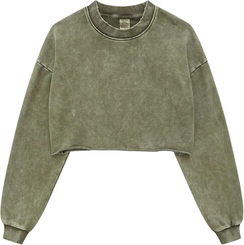 BINTEHGS Acid Wash Cropped Sweatshirts for Women Vintage Crewneck Sweatshirt Long Sleeve Crop Top Workout Hoodies Pullover in Kuwait