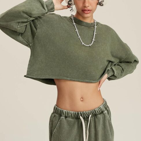 BINTEHGS Acid Wash Cropped Sweatshirts for Women Vintage Crewneck Sweatshirt Long Sleeve Crop Top Workout Hoodies Pullover in Kuwait