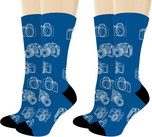 ThisWear Photographer Gifts Camera Socks Blue & White Sketch Camera Print Socks Novelty Crew Socks in Saudi Arabia