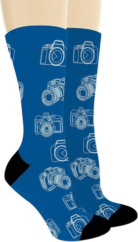 ThisWear Photographer Gifts Camera Socks Blue & White Sketch Camera Print Socks Novelty Crew Socks in Saudi Arabia