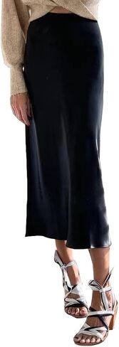 Gardenia Jasminoides Silk Satin Skirts for Women Midi Simple High Elastic Waist Swing Casual Dresses J02 in Saudi Arabia