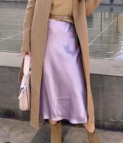 تنانير جاردينيا ياسمينويدس من الساتان الحريري للنساء ميدي بسيطة وخصر عالي المرونة سوينغ فساتين غير رسمية J02 in Saudi Arabia