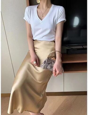 Gardenia Jasminoides Silk Satin Skirts for Women Midi Simple High Elastic Waist Swing Casual Dresses J02 in Saudi Arabia