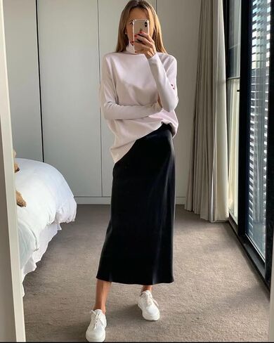 Gardenia Jasminoides Silk Satin Skirts for Women Midi Simple High Elastic Waist Swing Casual Dresses J02 in Saudi Arabia