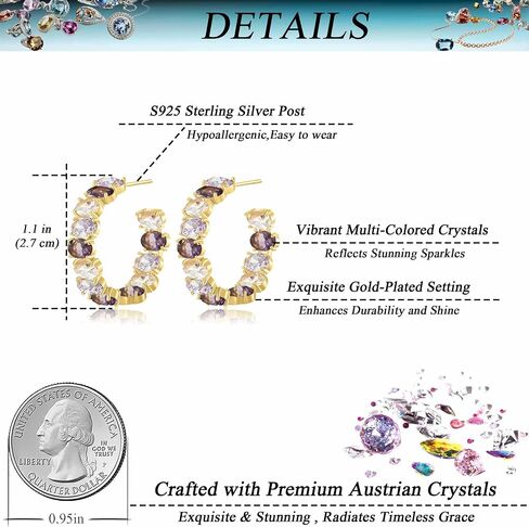 Dazzling Multicolor Austrian Crystal 14K Gold Plated Hoop Earrings for Women Fashion Hypoallergenic Jewelry Gift in Kuwait
