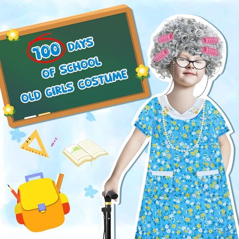 100 Days of School Old Lady Costume for Kids - Grandma Costume Set with White Wig, Glasses, Cane, Dress in Saudi Arabia