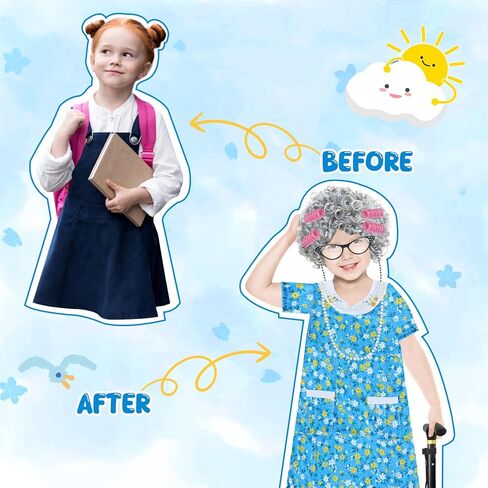 100 Days of School Old Lady Costume for Kids - Grandma Costume Set with White Wig, Glasses, Cane, Dress in Saudi Arabia