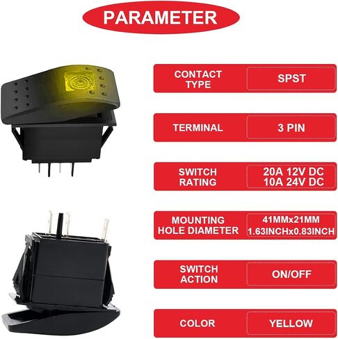 2Pcs Marine Rocker Switch 12V Lighted Rocker Toggle Switch Yellow LED Light Illuminated 3Pin SPST 2Position ON/Off Waterproof with Locked Terminal Wires for Boat UTV RZR ATV Car Automotive in Saudi Arabia