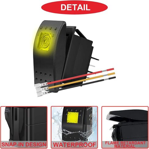 2Pcs Marine Rocker Switch 12V Lighted Rocker Toggle Switch Yellow LED Light Illuminated 3Pin SPST 2Position ON/Off Waterproof with Locked Terminal Wires for Boat UTV RZR ATV Car Automotive in Saudi Arabia