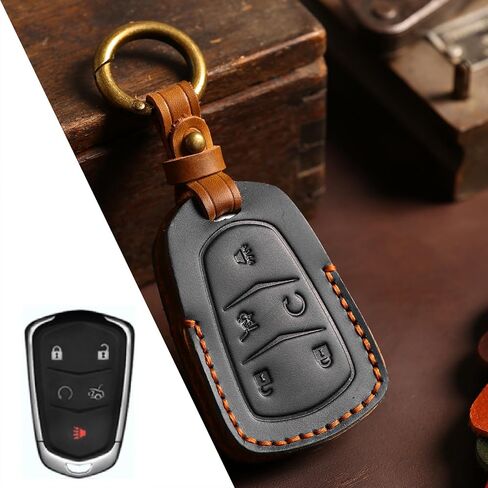 Genuine Leather 5-Button Key Fob Cover Case for Cadillac XT4 XT5 XT6 Escalade ATS CT6 CTS XTS SRX (2015-2024) Key Fob Holder Protector Accessories (Black) in Kuwait