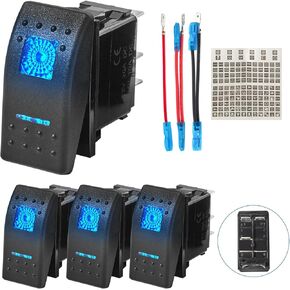 Anina 4PCS Rocker Switch 5Pin SPST 20A/12V 10A/24V ON/Off with Night Glow Sticker & Jumper Wire, Blue LED Light Waterproof Boat Marine Toggle Switch 2 Positions for Truck Motorcycle ATV UTV RV Camper