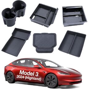 6pcs Center Console Organizer Tray for Tesla 2024 Model 3 Highland, Armrest Console Organizer for Tesla Model 3 Accessories, Automotive Center Consoles Storage Box, Cup Holder Insert