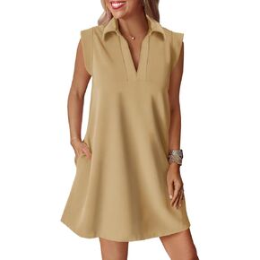 Cicy Bell Womens Summer Mini Dress Cap Sleeve Collared V Neck Casual Ribbed A Line Tunic Shirt Dresses