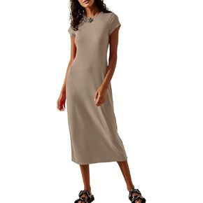 Wenrine Women's Short Sleeve T-Shirt Dress Summer Crew Neck Basic Solid Casual Long Midi Dresses