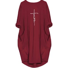 Women's Faith Oversize Baggy Long Sleeve T Shirt Causal Loose Midi Dresses with Pockets