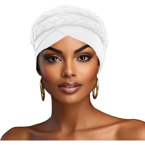 Stretchy Turban Cap Chemo Head Wraps Hair Bonnet Pleated Stretch Ruffle Women's Soft Material Chemo Turban Hat Pre Tied Double Braid Headwrap Hat Women African Turban Scarf Headwrap Hat (White)