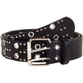 Grommet Leather Belts PU Leather Black Belt for Women Double Holes Belt for Men