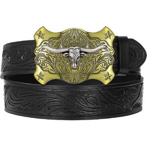 Mens Womens Western Leather Belt Cowboy Belt for Jeans Dress Buckle
