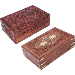 Ajuny Handcrafted Wooden Jewelry Boxes Set of 2 Tree of Life and Elephant Design Solid Multipurpose Keepsake Storage Organizer Treasure Chest Decorative Trinket Holder Gifts 8x5 Inch