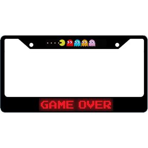 Pac-Man with Ghosts & Game Over Acrylic Inlaid Black Carbon Steel License Plate Frame 2-Hole - Official Licensed Product