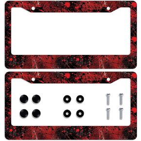 Blood Splatter License Plate Frame Red Black Paint Gothic License Plate Frames Personalise Stainless Steel Auto Parts Funny License Plate Frames DecorationSize for Men Women 12.2"x6.2" 2Pcs