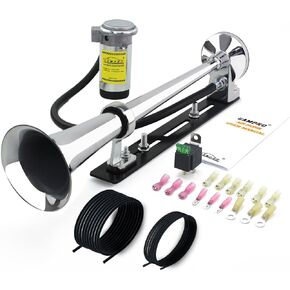 12V 150DB Air Horn with bracket Kit, 18 Inches Chrome Zinc Single Trumpet Truck Air Horn with Compressor and bracket for Any 12V Vehicles Trucks Lorrys Trains Boats Cars (black)