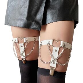 deladola Adjustable Heart Leg Garter with Chain Elastic Punk Garters Belt Anti-Slip Clips Harness Straps for Women