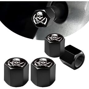ZKFAR 4 PCS Car Wheel Tire Valve Stem Caps, Double Blade Hooded Skull Airtight Dust Proof Covers (Black & Silver)