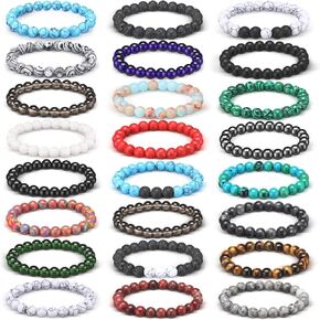 24 Pcs 8mm Gemstones Beaded Bracelets for Men Women Stretch Round Bead Bracelets Set Healing Crystal Stone Bracelets Semi Precious Bracelets