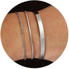 MBW Cuff & Chain Bracelet Set for Men, Cool Mens Sterling Silver/14K Gold Plated Non Tarnish Snake Link Cuban Chains & Open Bangle Bracelet, Fashion Stackable Jewelry Gifts for Dad Husband