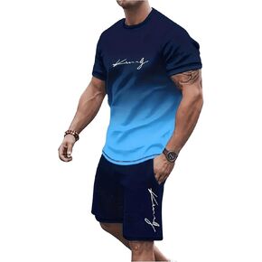 Men's 2 Piece Summer Outfits Ombre Short Sleeve T Shirts Tops Drawstring Waist Track Shorts Set