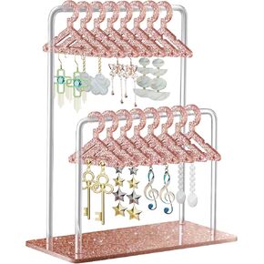 NiHome Glitter Acrylic Earring Holder with Unique Double-Tiered Design, Miniature Clothing Hangers with Spacious Storage for 48 Pairs, Mirror-Finish Display for Home Vanity & Retail Showrooms (Pink)