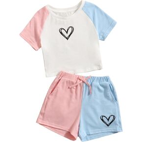 SOLY HUX Girl's Colorblock Heart Print Raglan Short Sleeve T Shirt and Shorts 2 Piece Summer Outfit